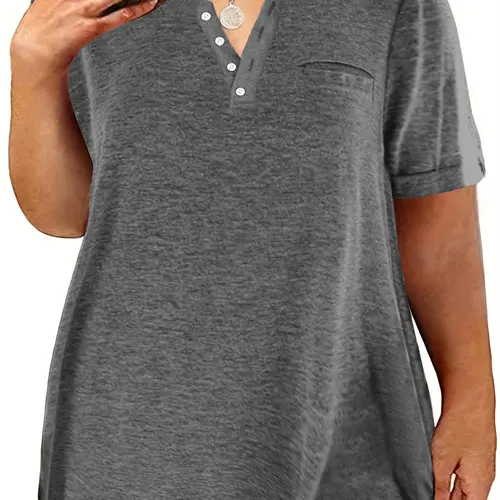 Plus Size Plain Buttons Pocket Round Neck Tee, Summer Clothes Women, Casual Fashion Knit Short Sleeve T-Shirt for Summer, Women's Plus Clothing for Daily Wear