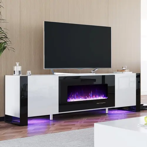 【Ships in 2 Boxes】AMERLIFE Fireplace TV Stand with Fireplace, Modern High Gloss Entertainment Center LED Lights, U-Shaped Legs TV Console Cabinet,Best Gift Ideas/Christmas Gifts, Multifunctional, Man Cave Decor, Home Cinema