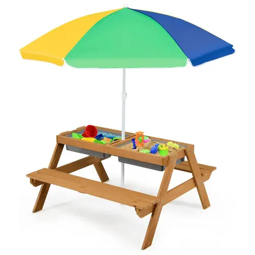 Costzon Kids Foldable Picnic Table Set - Outdoor Table and Chairs, Height-Adjustable Umbrella, Sand & Water Function, Wooden Backyard Gear, Summerwins , Foldable Picnic Tables