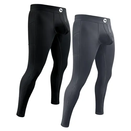 Men's High-Waisted Compression Nylon Pouch Leggings 2-Pack (Grey/Black) - Thermal Base Layer, Quick Dry High Stretch Athleisure Bottoms, Gym Activewear, Abdominal Control, Stretchable Athletic Running Tights, Body Shaping Sports Leggings