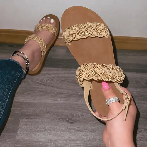 Stellar - Women’s Comfort Rhinestone Braided Sandals, Double Braided Strap Flat Sandals with Adjustable Ankle Strap, Cushioned Footbed Open Toe Summer Walking Shoes for Vacation & Everyday Wear