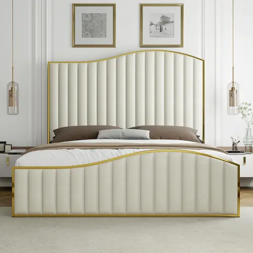 Amerlife Modern Sturdy King Size Platform Bed Frame - Velvet Upholstered with Golden Plating Trim, 61.4" Height Vertical Channel Headboard & Footboard, Silent, No Box Spring Needed, Elegant Bed Frame #homemakeover