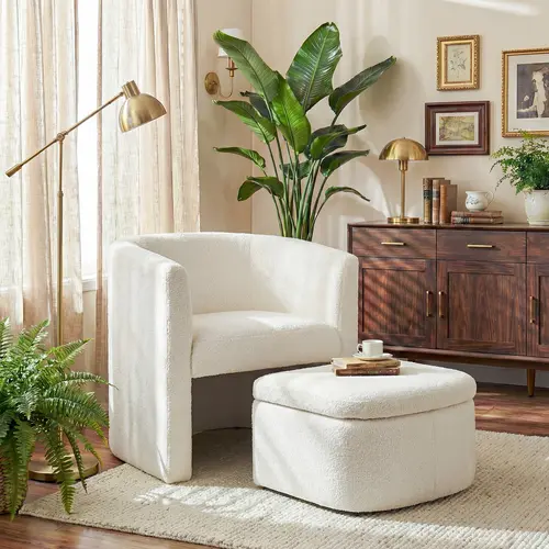 COLAMY NUIA Accent Barrel Chair with Storage Ottoman Set - Adjustable Chaise Lounge, Skin-friendly Material, High-resilience Foam, Thick Seat Cushion, 300 lbs Weight Capacity, Perfect for Living Room, Bedroom, Balcony, Reading Nook