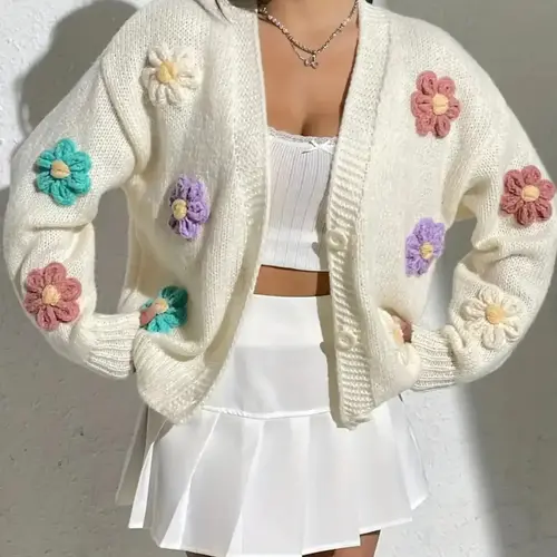 Women's 3D Floral Appliques Button Front Fitted Cardigan, Casual Feminine Long Sleeve V Neck Knitwear for Fall & Winter, Going Out Top, Ladies Knit Clothing for Daily Wear, Womenswear, Fashion Knitwear, Elegant Cardigan Knitwear