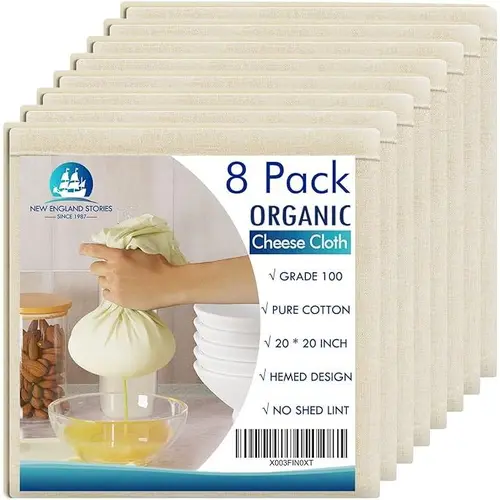 New England Stories 100% Organic Cotton Hemmed Fine Mesh Food Strainer Cheese Cloth - 20x20in Square, Tear-Resistant, Easy-to-Wash Kitchen Sieve, Household Kitchen Cooking Accessories, No Dye Transfer