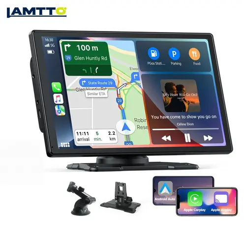 LAMTTO 9" Portable Wireless CarPlay Screen, Apple CarPlay & Android Auto Touch Screen Monitor, GPS Navigation, Bluetooth, Mirror Link, AirPlay, Car Video Player for Cars, Trucks & SUVs