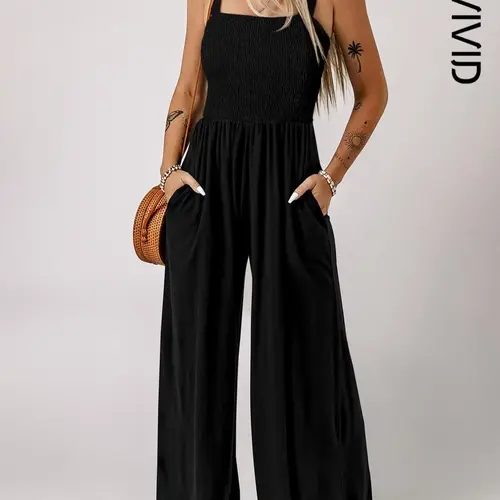 Women's Plain Backless Shirred Wide Leg Cami Jumpsuit, Casual Pocket Square Neck Overall Jumpsuit, Ladies Clothes for Daily Wear