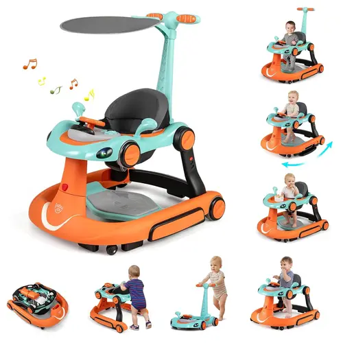Costzon 4-in-1 Baby Walker, Foldable Activity Walker with Adjustable Height & Speed, Music, Lights, Anti-Rollover, Toddler Push Walker, Baby Walker with Wheels for Boys Girls 6-18 Months,mothersdaygift,back to school
