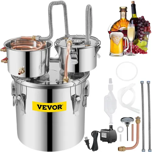 VEVOR Stainless Steel Water Wine Distiller Kit with Copper Tube, Circulating Pump, Built-in Thermometer, Silicone Parts – Homebrew Kit for Distilling Wine, Brandy, Rum, Tequila, DIY Spirits, Oils, Ethanol (Add Spices in Thumper Keg)