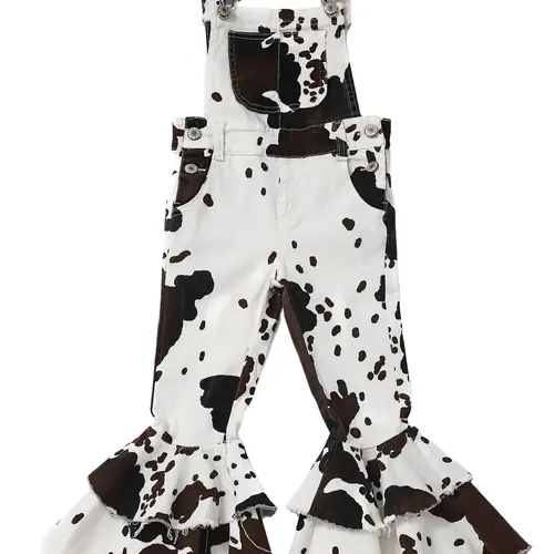 Girls Cow Print Denim Flare Overall Pants