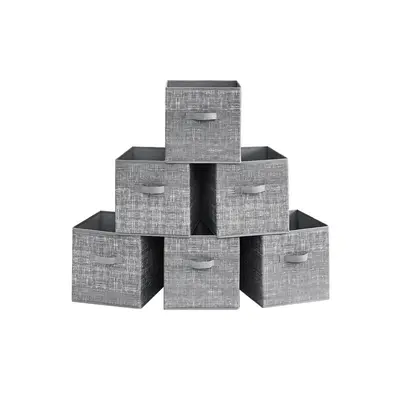 SONGMICS Storage Cubes, Non-Woven Fabric Bins with Double Handles, Set of 6, Closet Organizers for Shelves, Foldable, for Clothes, Cattail Gray Boxes