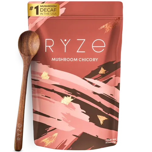 RYZE Mushroom Chicory with 6 Organic Adaptogenic Mushrooms, Keto Caffeine Free Decaf Coffee with Chicory Root for Energy, Focus, Digestion, Immunity with Turkey Tail, Shiitake, Lion's Mane, 30 serving