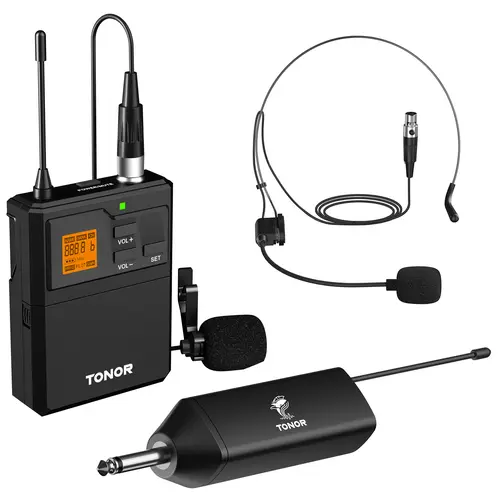 TONOR UHF Wireless Microphone System with Headset/Lavalier Mic, Rechargeable Receiver, 15 Channels, 200ft Range for Live Performance & PA Speaker,summerwins