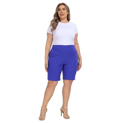 HDE Women’s Plus Size Bermuda Shorts - 10” Inseam, Stretchy Spandex, Elastic Waist, Slim Plain Black Knee-Length Elegant Bottoms with Pockets, Casual, 1X, 2X, 4X