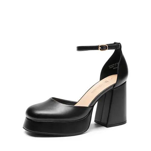Dream Pairs Women's Comfortable Synthetic Satin Platform Pumps - Square Toe, 4in Chunky Block High Heels, Adjustable Ankle Strap, Enhanced Support, Glamorous Party Wear Footwear, High Heel, Stylish