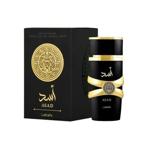 Lattafa Perfumes Asad Unisex Arabian EDP Spray - 3.4 Fl Oz Regular Edition, Alcohol Base, Amber Woody Spicy Aromatic Fragrance, Vanilla, Amber, Patchouli Notes, Fresh, Contains Alcohol, Liquid, 60 Months, UAE, No Reproductive Chemicals, Adults, Arabian Pe