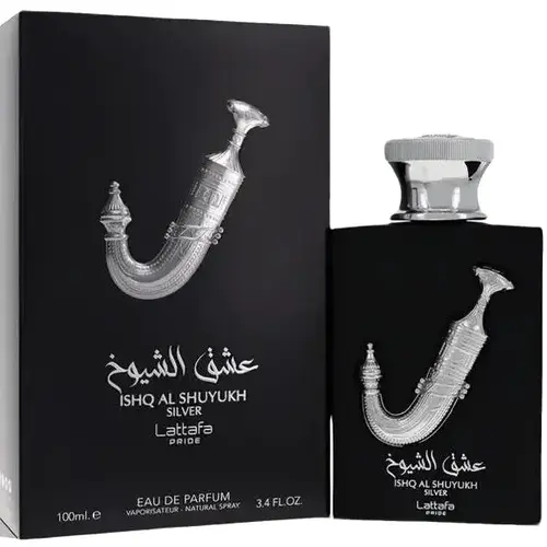 Lattafa Ishq Al Shuyukh Silver Arabian EDP, Sweet Tropical Mix Unisex Adult Alcohol-Based Perfume with Pineapple, Lemon, Vanilla, Aromatic Woody Scents, 3.4 fl oz, Aromatic Woody Scent, Adults, Alcohol Base