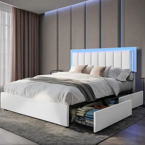 HOMBCK Bed Frame with Drawers and LED Lights, Mattress not included, Faux Leather Headboard, No Box Spring Needed, Easy Assembly, Pu Bed Frame,Bed Frame Storage#SohoChic#Homemakeover