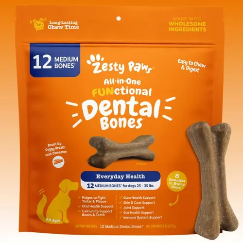 Zesty Paws All-in-One Functional Dental Bones for Medium Sized Dogs 25-35 lbs - Cinnamon Flavor Oral Health & Fresh Breath Support - Feeding
