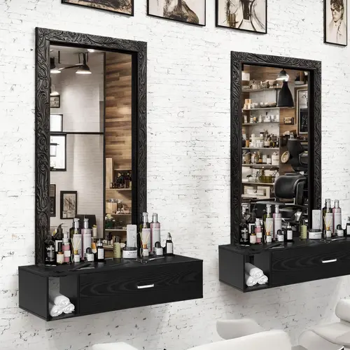 HOMBCK Wood Wall-Mount Sturdy Salon Equipment Cabinet - Drawer, Side Open Space, 3 Hair Dryer Holes for Stylists | Black Beauty Salon Equipment for Bathroom