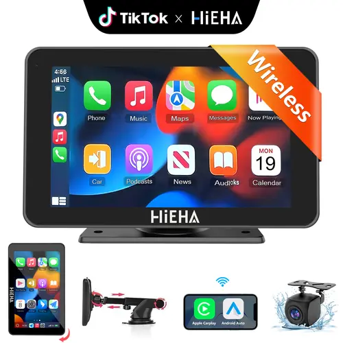 【HiEHA】2026 Upgraded 7 Inch HD Wireless CarPlay & Android Auto Stereo with Suction Cup & Dash Mount, Rear Camera, Seamless Mirror Link/Bluetooth/GPS Navigation/Voice Control, Landscape/Portrait Rotation, Plug and Play