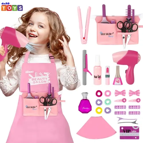 Salon Set Pretend Play Stylist Hair Cutting Kit Hairdresser Toys with Hair Dryer, Scissors, Barber Apron and Styling Accessories Brush Combs #sohochic