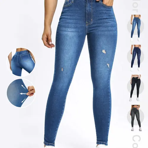 Women's Plain Ripped Button Pocket Washed Jeans, Casual Fashion Skinny Denim Pants, Going Out Outfits, Streetwear, Ladies Bottoms for Spring & Fall