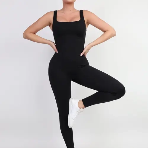 Popilush Built-In Shapewear Jumpsuit Thigh Slimming Workout Pants Long Sleeveless Activewear for Tummy Control & Buttocks Enhancement - Gym Clothing-live