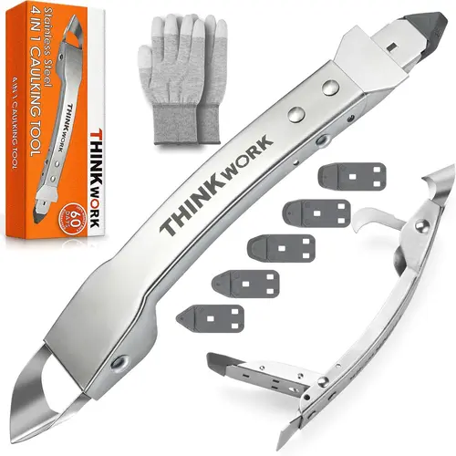 【BackToSchool】THINKWORK Stainless Steel 4-in-1 Caulking Tool with Scraper & Silicone Spreader Heavy Duty for Kitchen Bathroom Removable Sealant Grout Removal