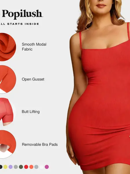 Popilush Sexy Bodycon Mini Dress - Built-In Shapewear for women Spaghetti Strap Club Dress Cute Minimalist