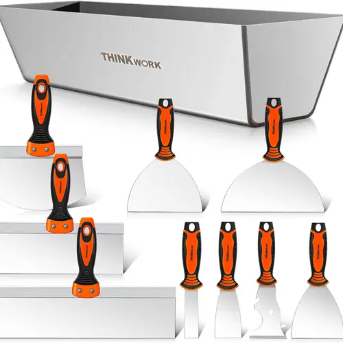 【BackToSchool】THINKWORK Drywall Hand Tool Kit 10 Pieces Stainless Steel Drywall Machine Set with Ergonomic Handle Mud Pan & Seamer for DIY Projects