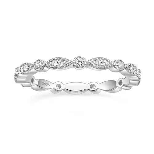 EAMTI 925 Sterling Silver Wedding Band for Women Cubic Zirconia Marquise & Round Milgrain Full Eternity Stackable Ring