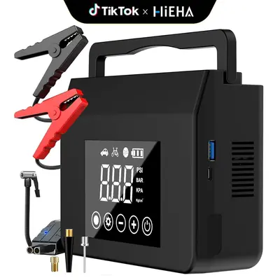 【HiEHA】2026 Tire Portable Air Compressor & Car Jump Starter& Portable Power Bank Charger, 3 in 1, 8000mAh 0-150 PSI for Car, Motorcycle, Bike, Balls, Motorboat, Tablet PC, Phones and LED/SOS Light