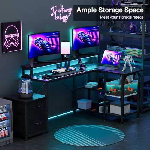 GTPLAYER 【Completely Upgraded】68-Inch L-Shaped Gaming Desk, Reversible Corner Office Desk with File Drawers, 2-Tier Storage Shelves, Power Outlets, LED Lights - Writing Study Workstation for Study Space & Workspace Goals