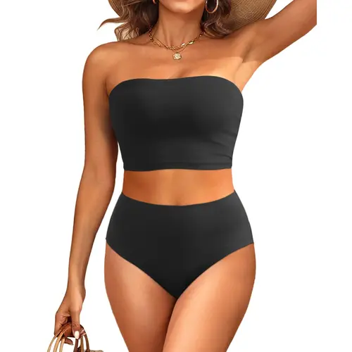 Tempt Me Women Bandeau Bikini Set Strapless Swimsuits High Waisted Two Piece Swimsuit Longline Bathing Suits with Full Coverage Bottom