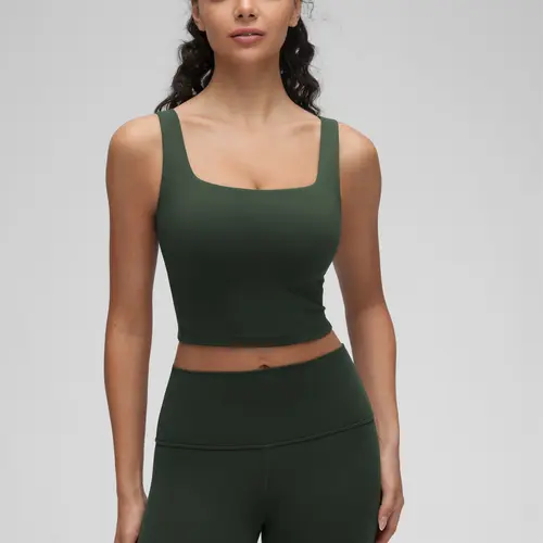 CRZ YOGA Butterluxe Womens Square Neck Longline Sports Bra - Workout Crop Tank Tops Padded with Built in Shelf Yoga Bra