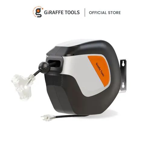 Giraffe Tools Retractable Extension Cord Reel - 50ft SJT Cable (12/14/16 AWG), 3 Power Outlets, LED Lights, Auto-Retract, Kink-Free, 180° Swivel Reach, Locks at Any Length, Overload Protection for Outdoor Garage Use
