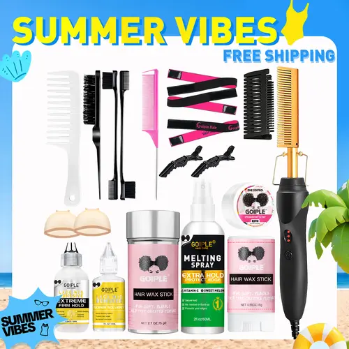 【SUMMER VIBES】Electric Hot Comb Hair Straightener for Natural Hair and Wigs - Curling Iron and Pressing Comb Set with Wax Stick Brush Salon Gift Straightening Cream