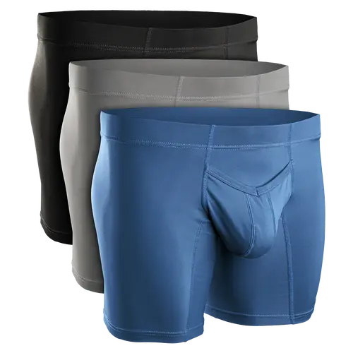 Men's 3-Pack Nylon V-Fly Pouch Boxer Briefs - Black, Grey, Navy, Modern Plain Mid Waist, Moisture-Wicking Fabric, Easy Styling, Big Size with Pocket, Menswear Activewear Sportswear Compression Underwear for Work