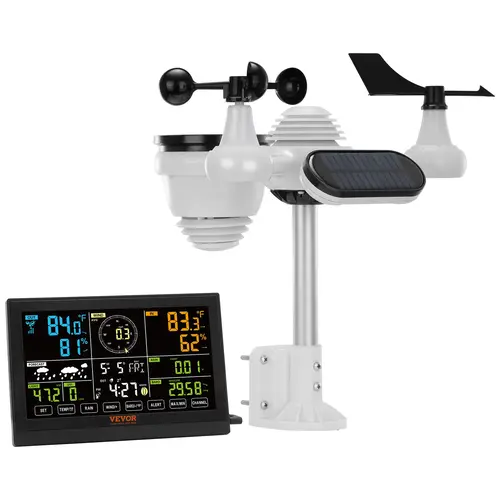 VEVOR 7-in-1 Wireless Weather Station, 7.5in Large Color Display Digital Home Unit with Aluminum Build, Solar Panels, Batteries, Water Resistant Design, Indoor/Outdoor Temperature Humidity Wind Speed/Direction Rain UV Monitoring, Forecasts, Alarm Alerts,,