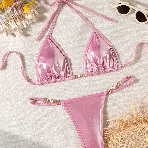 Women's Metallic Faux Pearl Decor Bikini Set, Elegant Halter Triangle Swim Bra & Thong Set for Beach, Fashion Chic Bathing Suit for Summer, Swimsuit Style Bikini, Bikini Outfits, Triangle Bikini Top Swimwear Sets