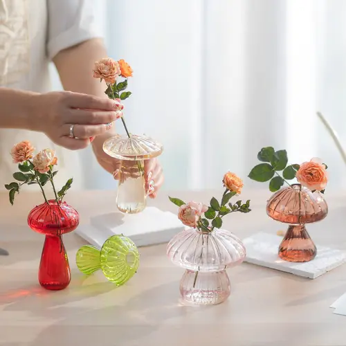 Nuptio Whimsical Colorful Mushroom Glass Vase - Funky Quirky Home Decor, Mini Cute Hydroponics Indoor Windowsill Planter, Room Table Bouquet Flower Vase, Mother’s Day Gift