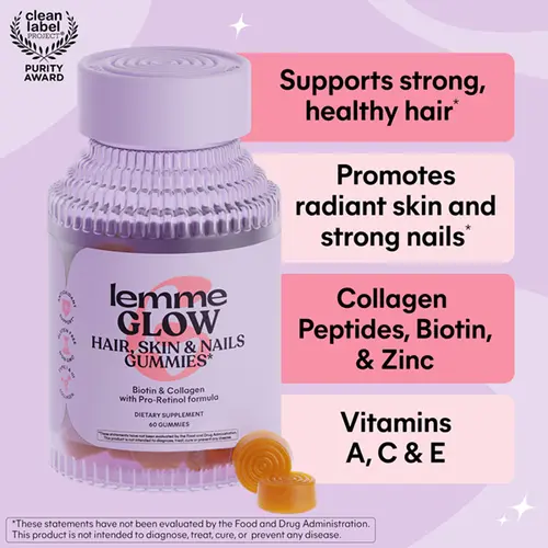 Lemme Glow Collagen Gummies for Thick Hair, Strong Nails & Healthy Skin with Multi-Collagen Peptides, Biotin, Trace Minerals, Zinc, Vitamins A, C & E, Dairy & Gluten Free, Peach Flavor, 60 ct.