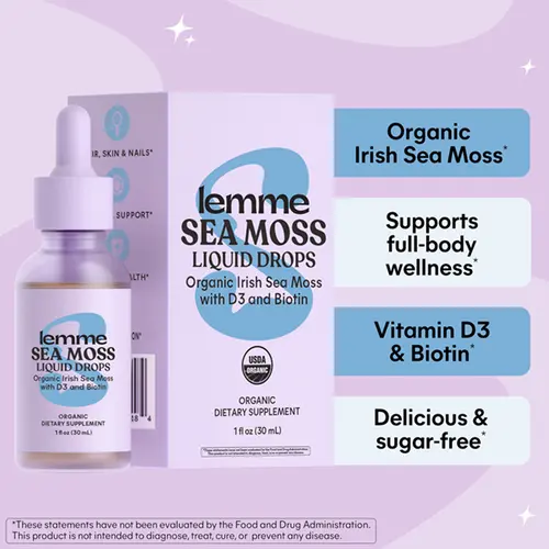 Lemme Irish Sea Moss Organic Liquid Drops with Vitamin D3 and Biotin for Trace Mineral Support, Immunity, Hair, Skin & Nails, Brain Health - Gluten & Sugar Free, Non GMO, 1 oz, 30 Servings