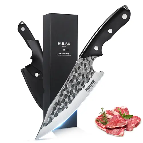 Huusk Hand-Forged Viking Boning Knife - High Carbon Hand Forged Steel, Wooden Ergonomic Handle Eases Long Prep, Full Tang, Hammered Finish, Leather Sheath, Kitchen/BBQ Use, Christmas Gift, High Carbon Steel
