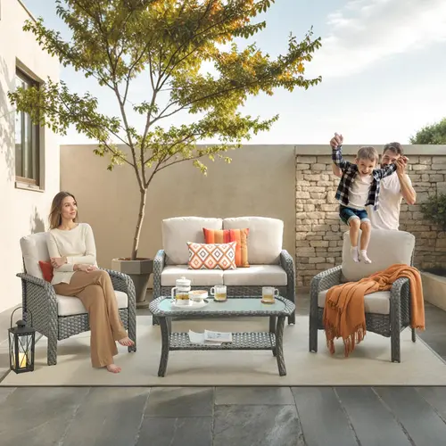 【Back To School】OVIOS 4-Piece Outdoor Patio Furniture Set with High-Back Loveseat, Wicker Chairs & Coffee Table, All-Weather Conversation Set with Comfy Cushions for Backyard, Patio, Porch, Deck & Garden