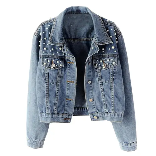Hixiaohe Women's Fashion Loose Embroidered Pearls Beading Cropped Denim Jacket Jean Coat TikTokShopBlackFriday,back to school,back to school shopping