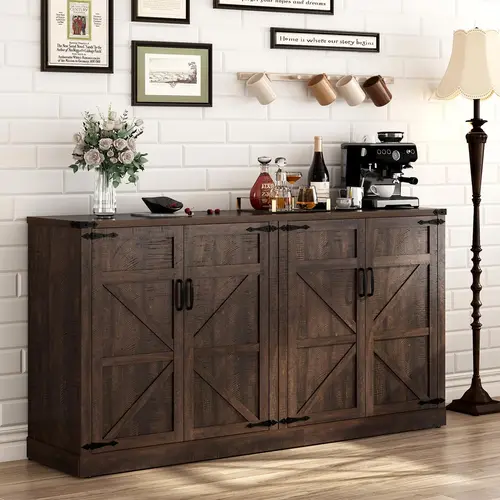 65" Rustic French Country Wood Sideboard Buffet Cabinet - Sturdy Indoor Cupboard with 4 Doors, Adjustable Shelves, Snacks & Plates Storage for Kitchen, Coffee Bar Room Storage Organization