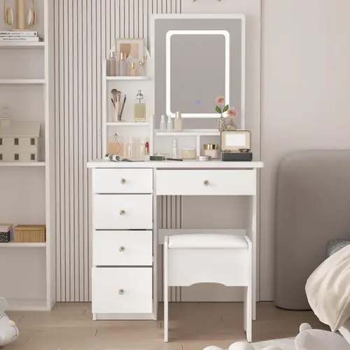 FUFU&GAGA Sturdy Stable Purple Upgraded Engineered Wood Makeup Vanity Table with Mirror, Matching Stool, Crystal Handle LED Mirror, Drawer, Shelf, Jewelry Organizer, White Modern Finish, 31.5x15.7x55.1in Large Storage, Furniture, Requires Assembly