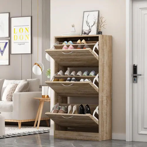 FUFU&GAGA Multifunctional Sturdy MDF Wood Shoe Storage Cabinet - Footwear Storage Solution, Modern Rectangle, Assembly Required, Isolate Dust, 3-Flip-Drawer Freestanding Entryway Room Accessories (22.4”W x 9.4”D x 29.5”H), 2 Colors